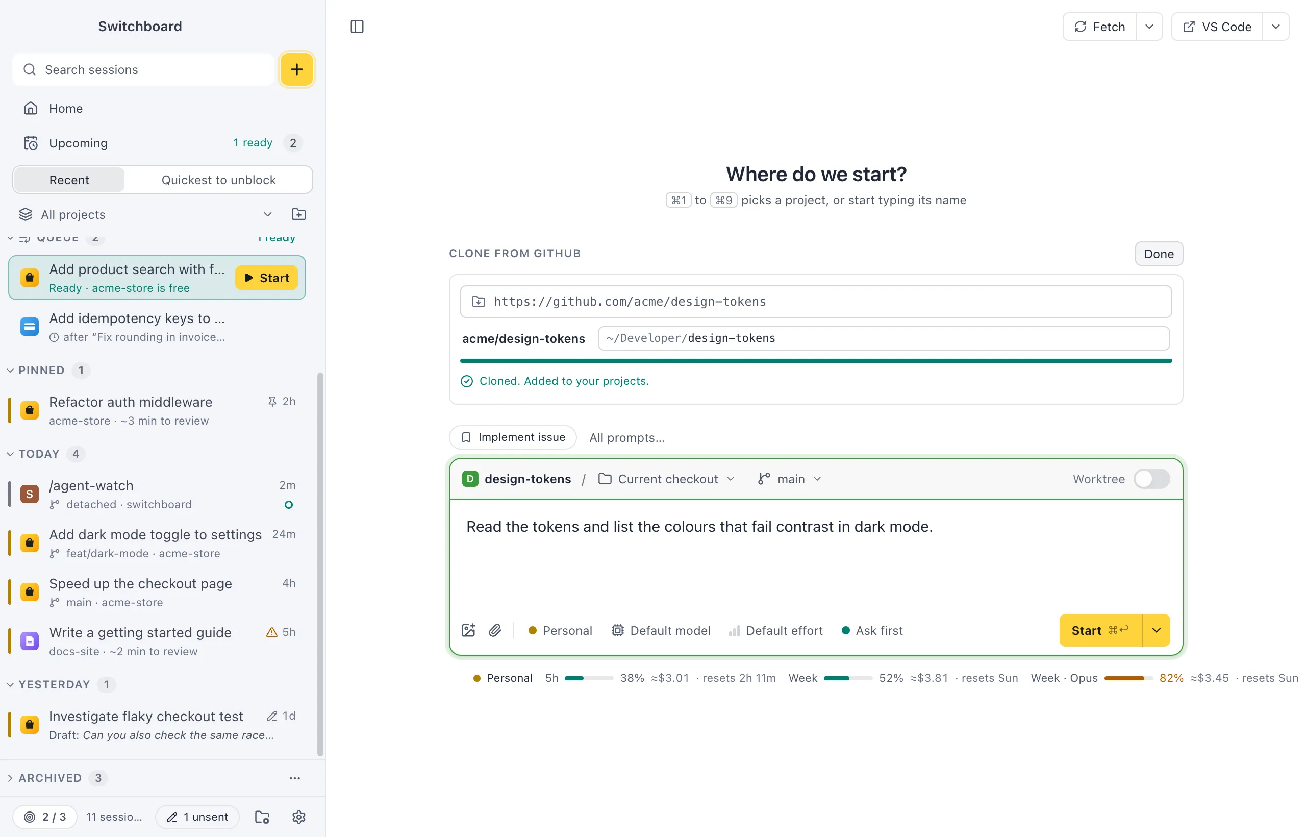 New session with the Clone from GitHub form: the URL of a repository, the folder it goes in under ~/Developer, the finished clone added to your projects, and a prompt in the message box under it