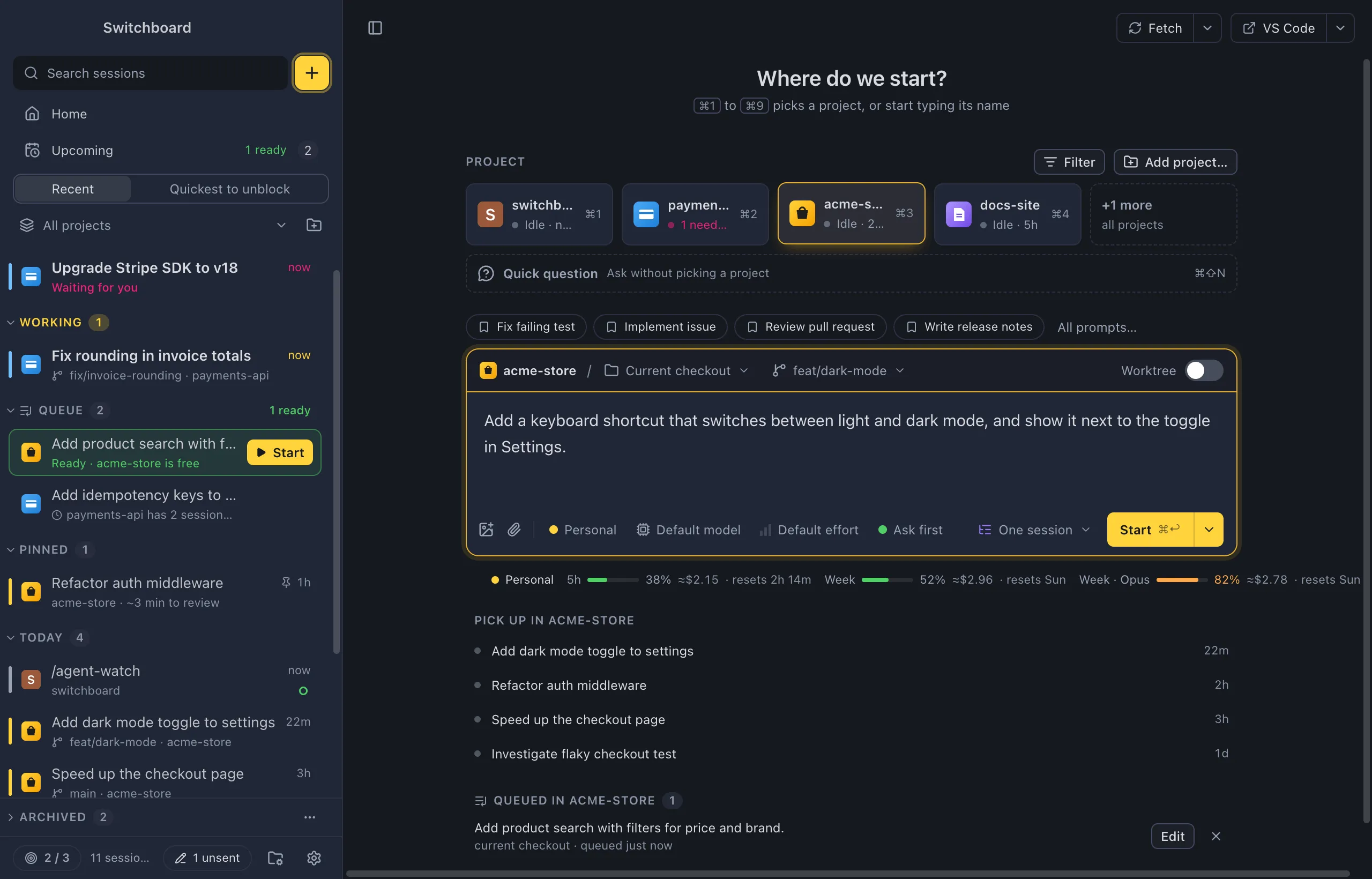 New session with a project picked, the choice between the current checkout and a new worktree, and a prompt typed in the message box with the profile, model, effort and mode chips under it