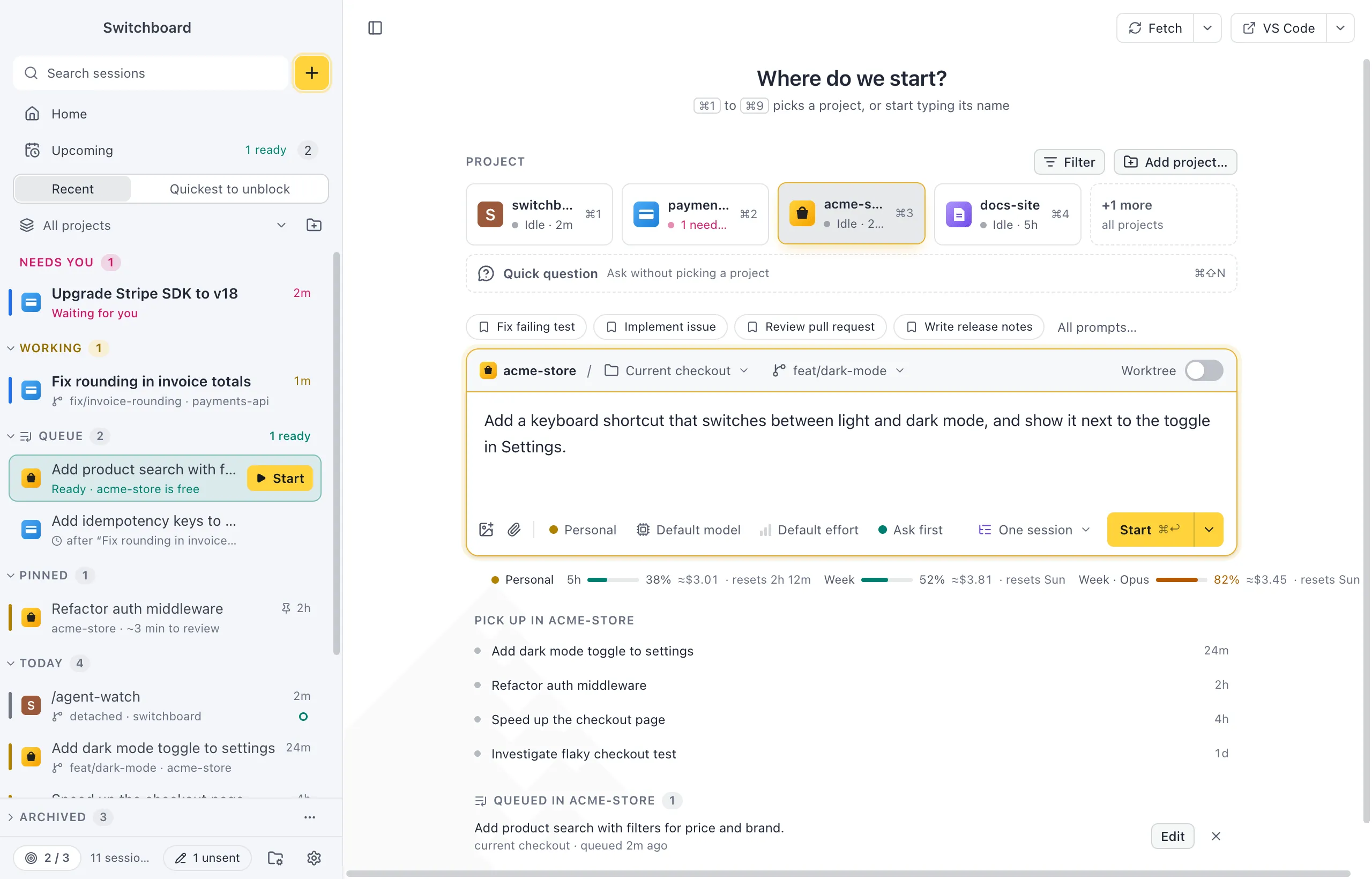 New session with a project picked, the choice between the current checkout and a new worktree, and a prompt typed in the message box with the profile, model, effort and mode chips under it