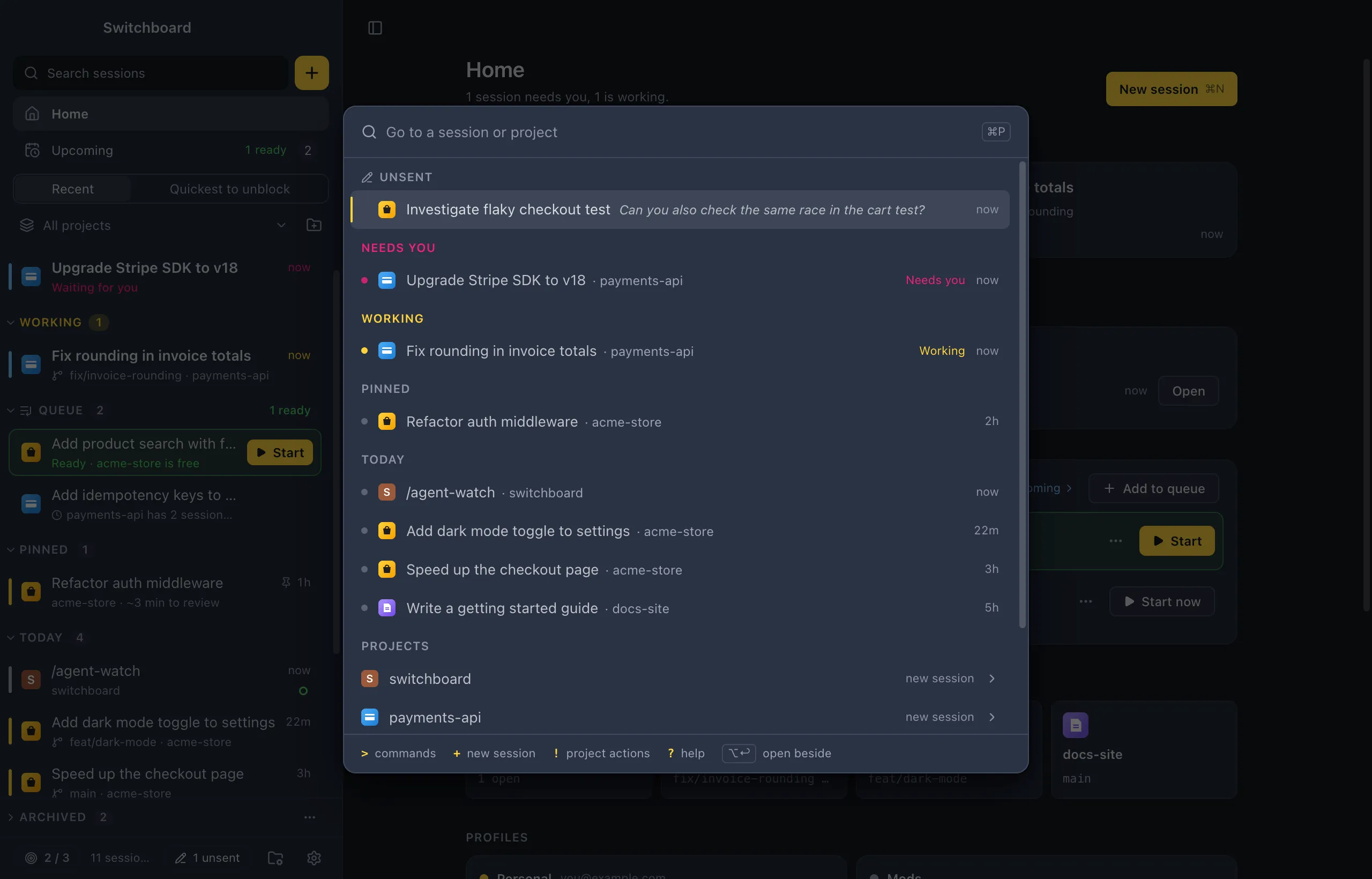 The palette in Go to mode: sessions grouped as in the sidebar, with Needs you and Working on top