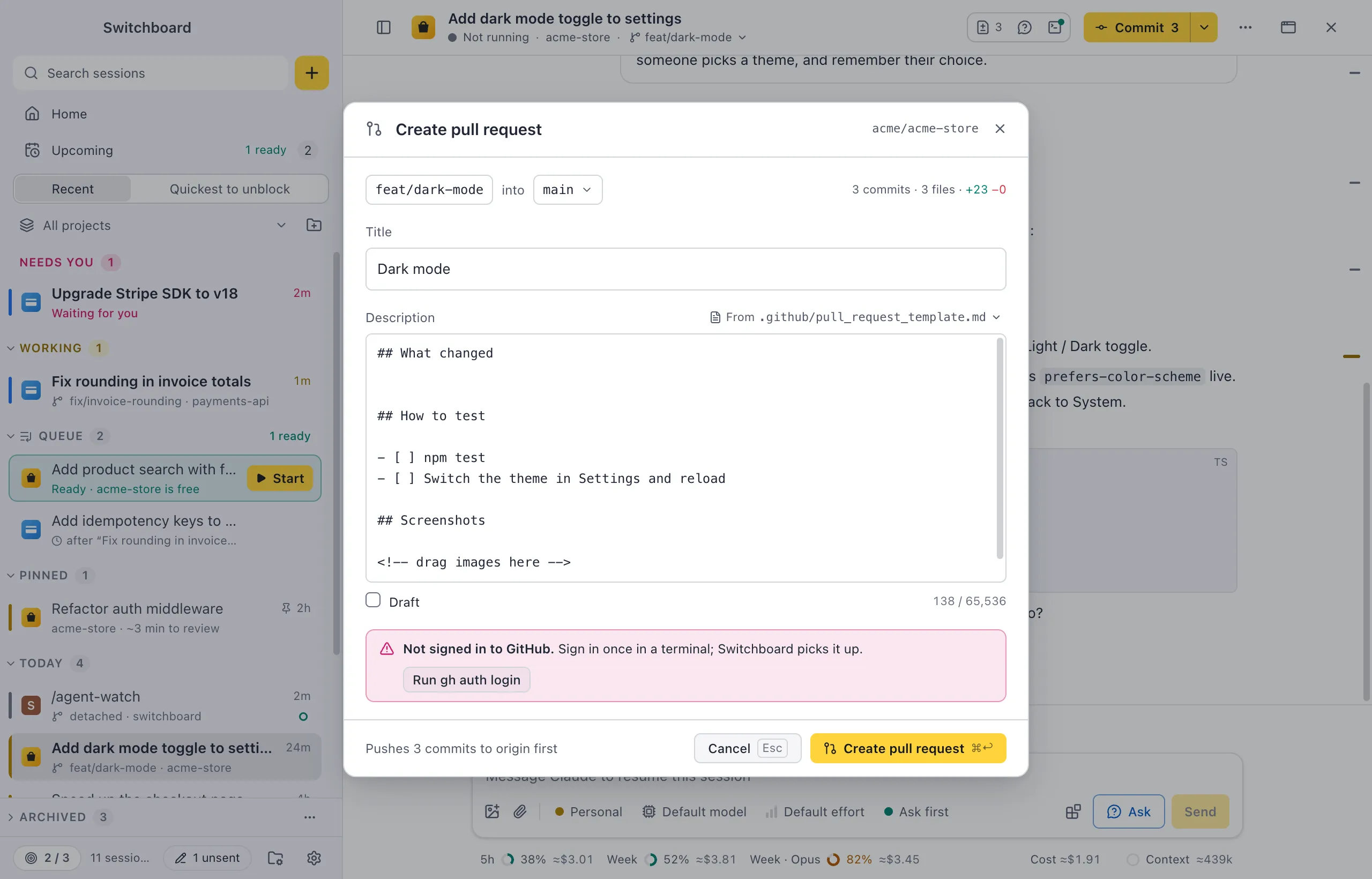 The Create pull request dialog with the notice Not signed in to GitHub. Sign in once in a terminal; Seshboard picks it up, and a Run gh auth login button
