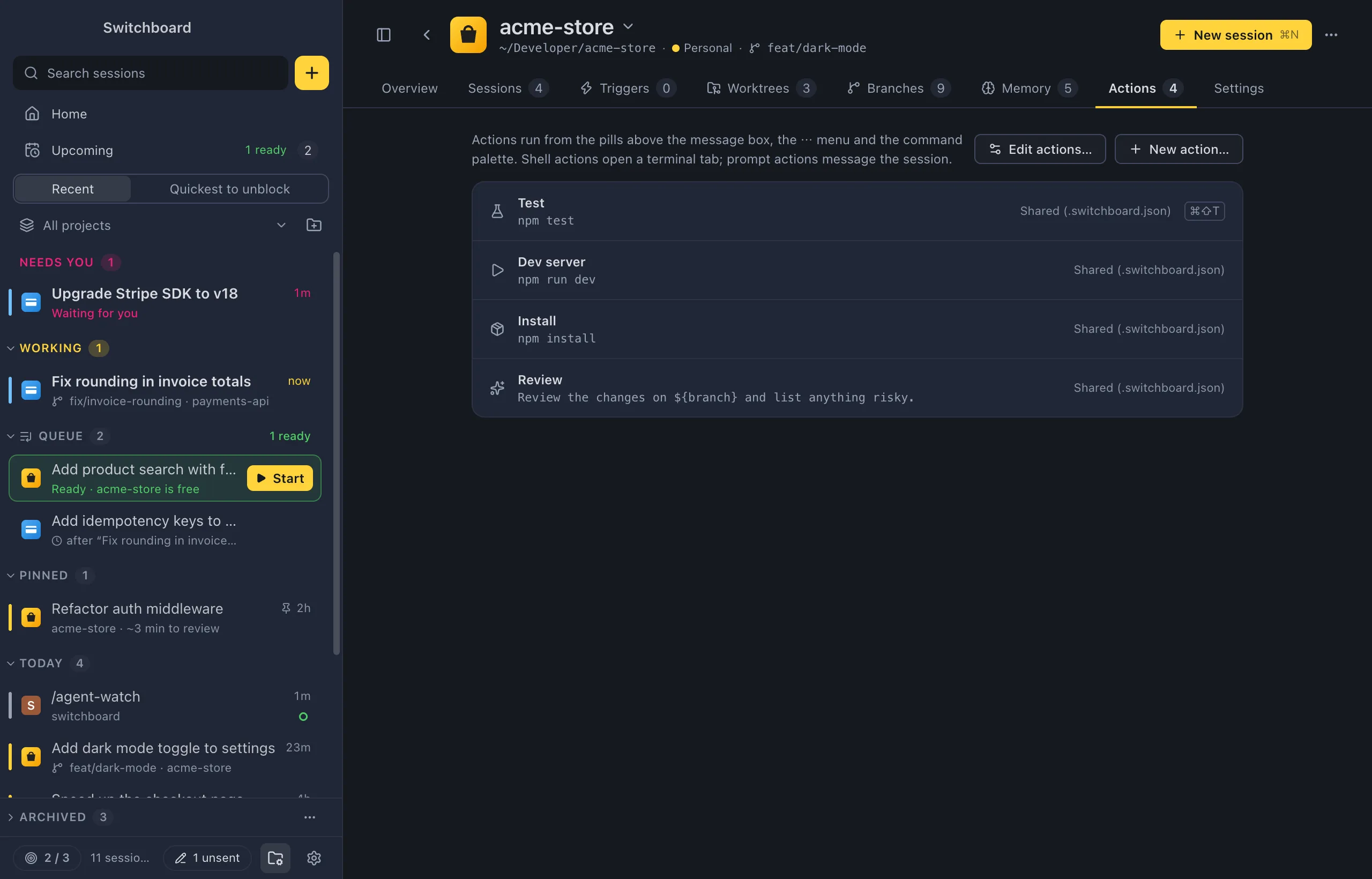The Actions tab of acme-store: a list of actions such as Test, Dev server, Install and Review, each with its icon, command, where it is saved and its shortcut, with Edit actions and New action buttons
