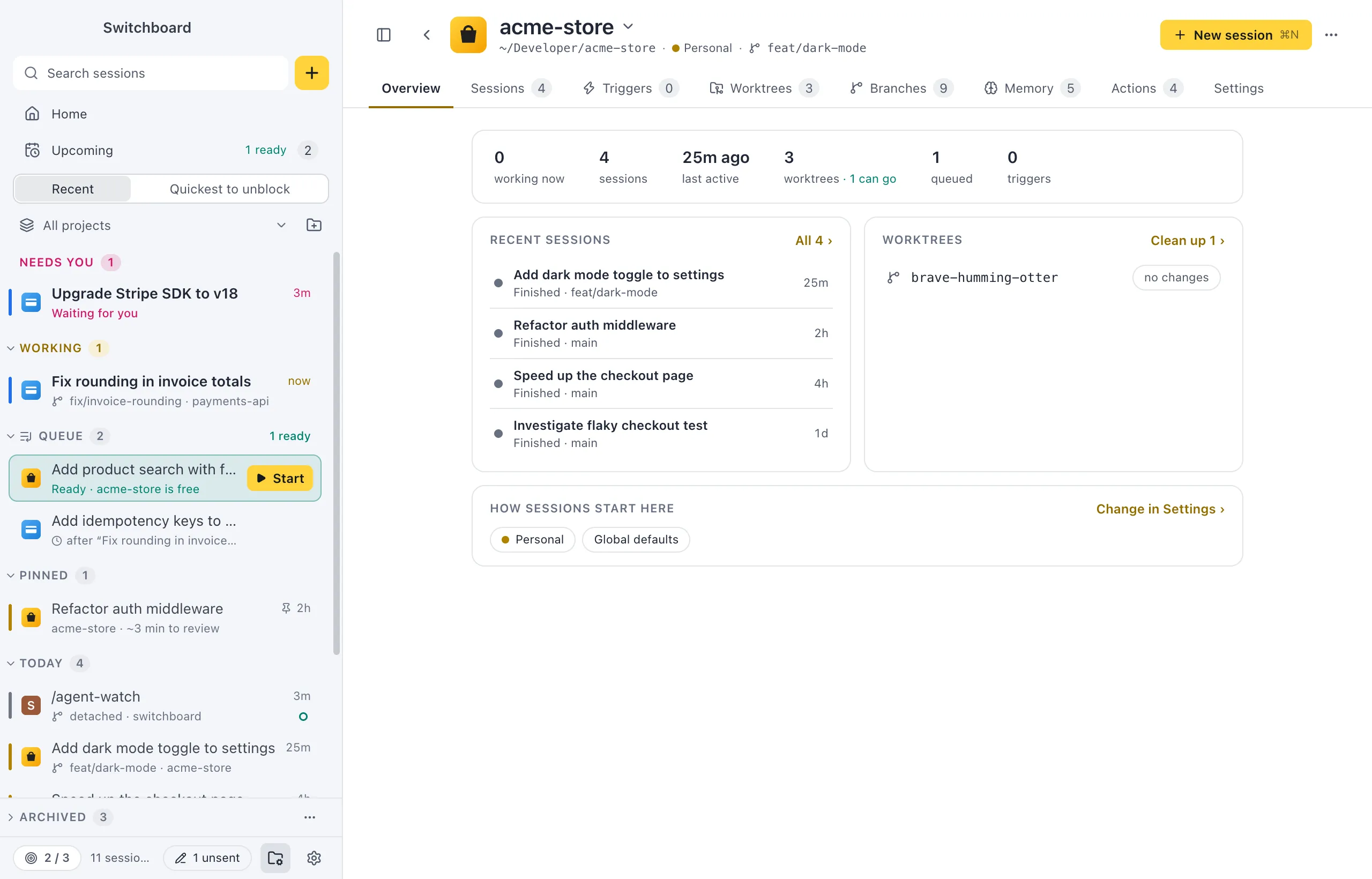 The Overview tab of acme-store: a row of numbers, Recent sessions, Worktrees with Clean up, and How sessions start here