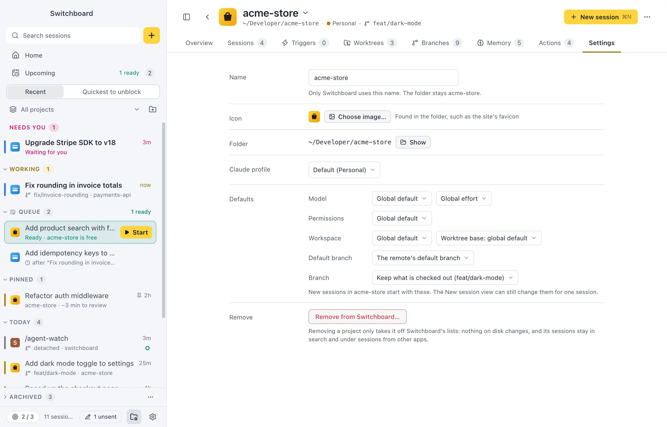 The Settings tab of acme-store: Name, Icon with Choose image, Folder with Show, Claude profile, the defaults (Model and Effort, Permissions, Workspace with the worktree base, Default branch), and Remove from Seshboard