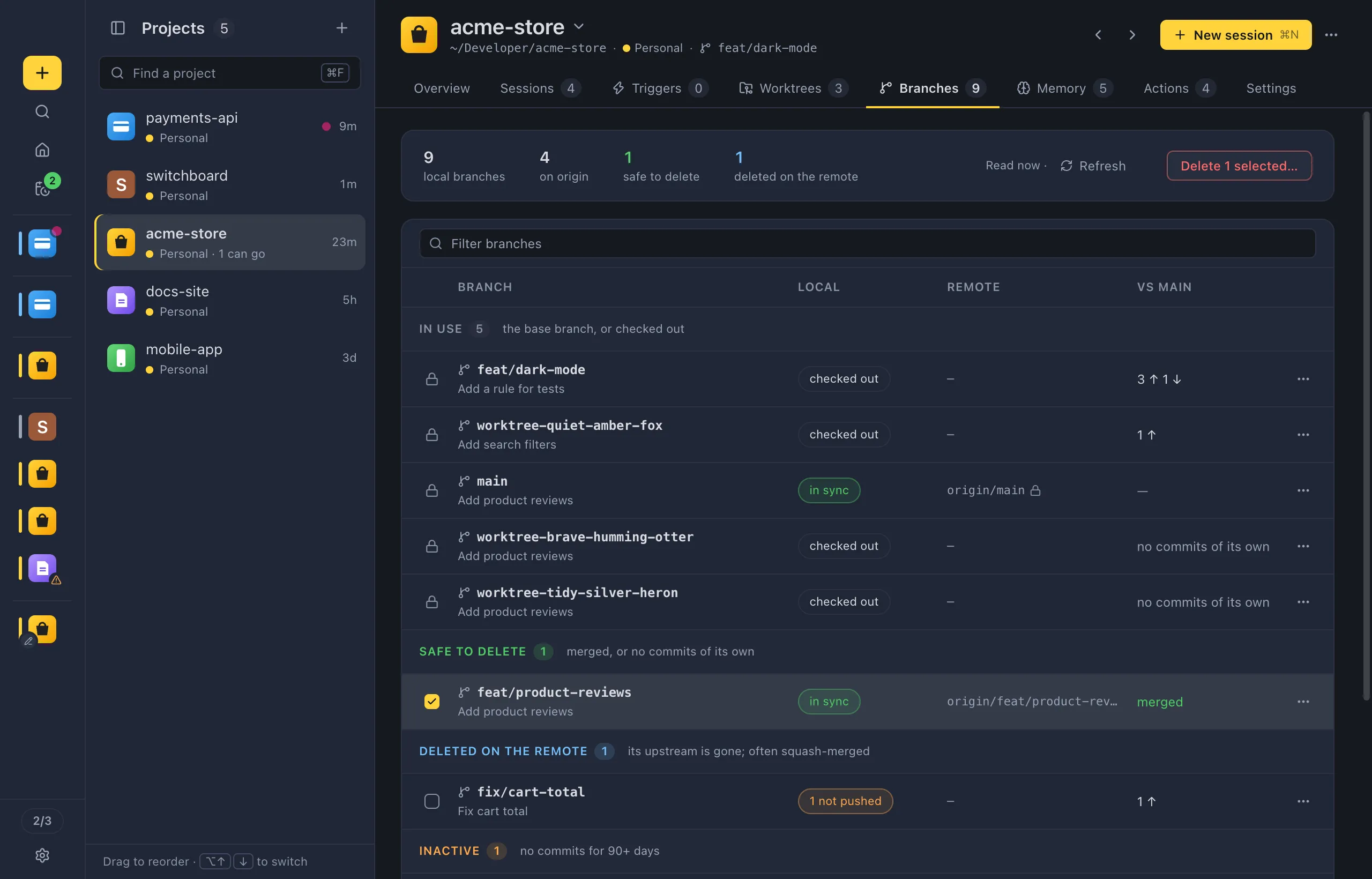 The Projects view: the list of projects on the left, each with its icon, name, profile and worktree hint, and the open project's page on the right with its tabs