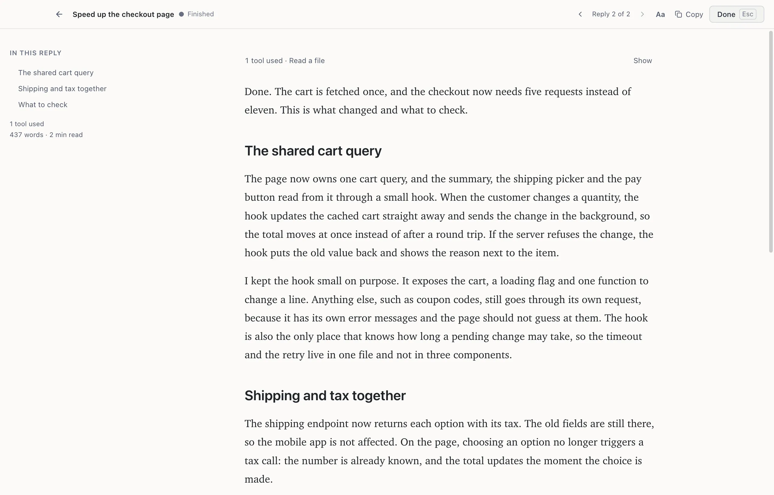 Reading mode: a long reply on its own in the full window, with the In this reply outline of its headings on the side