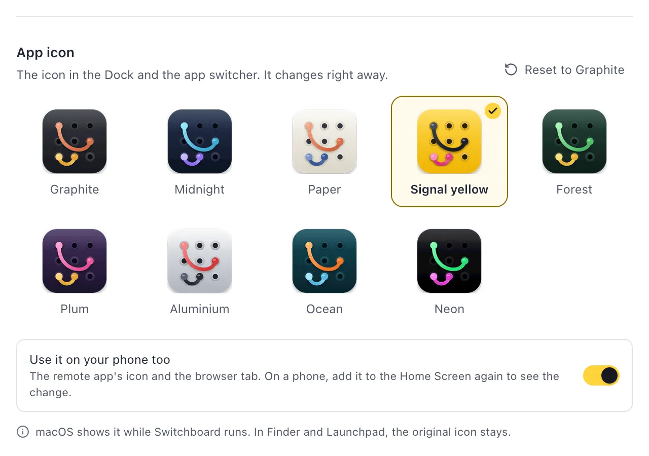 The App icon section: nine icon tiles with Signal yellow chosen, Reset to Graphite, and a note on where the original icon stays