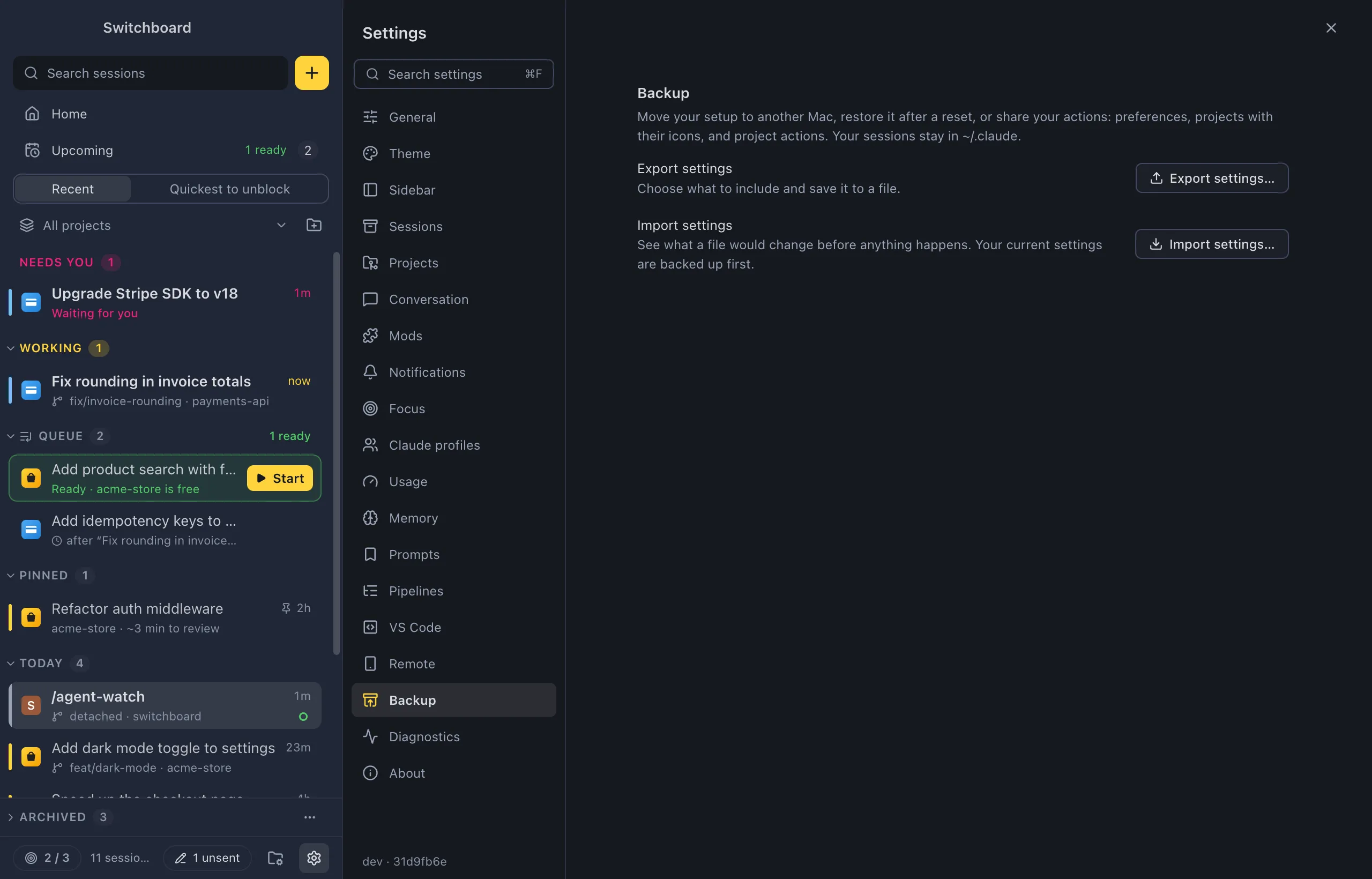 Settings on Backup: Export settings and Import settings, each with a button