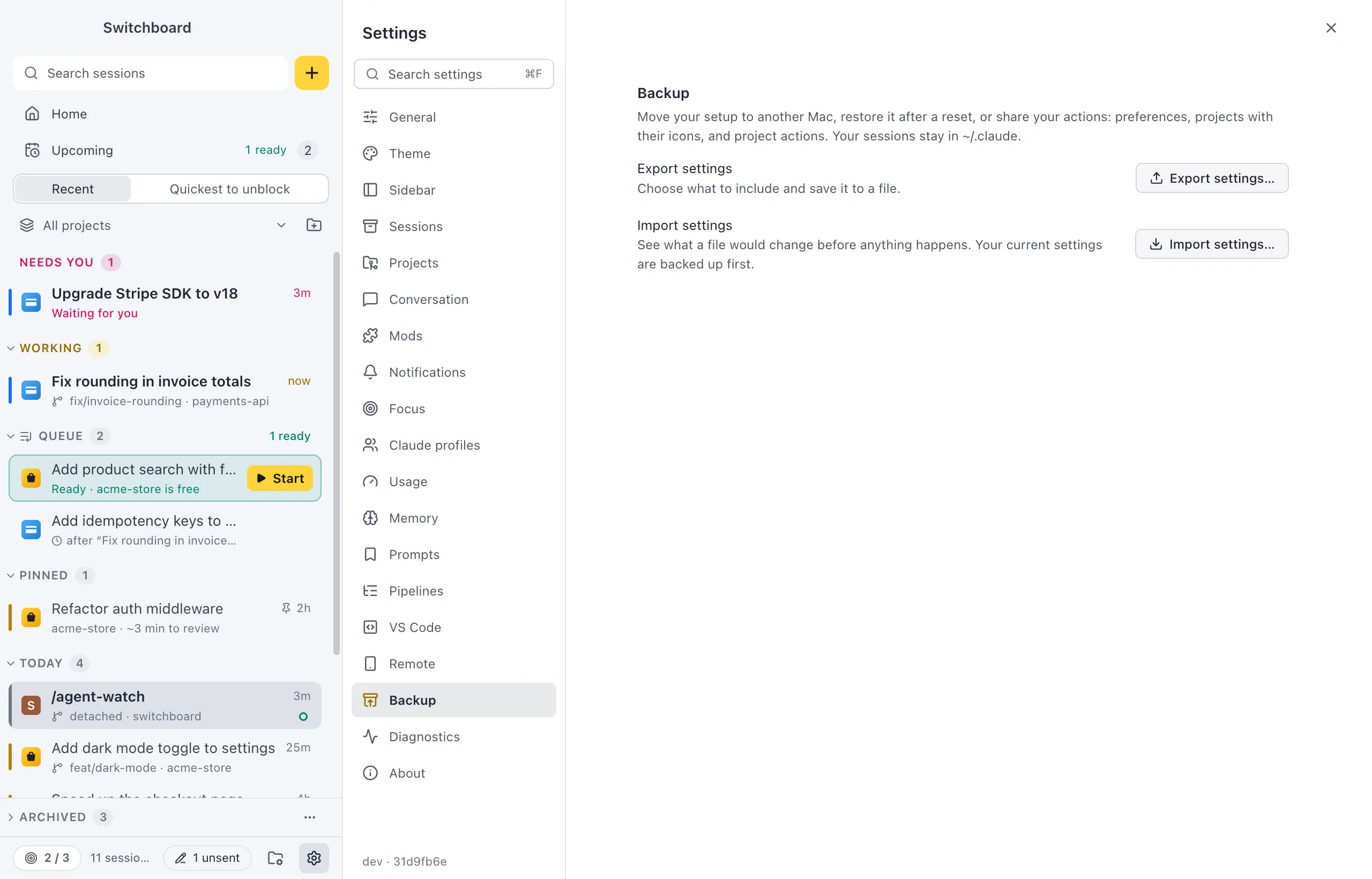 Settings on Backup: Export settings and Import settings, each with a button