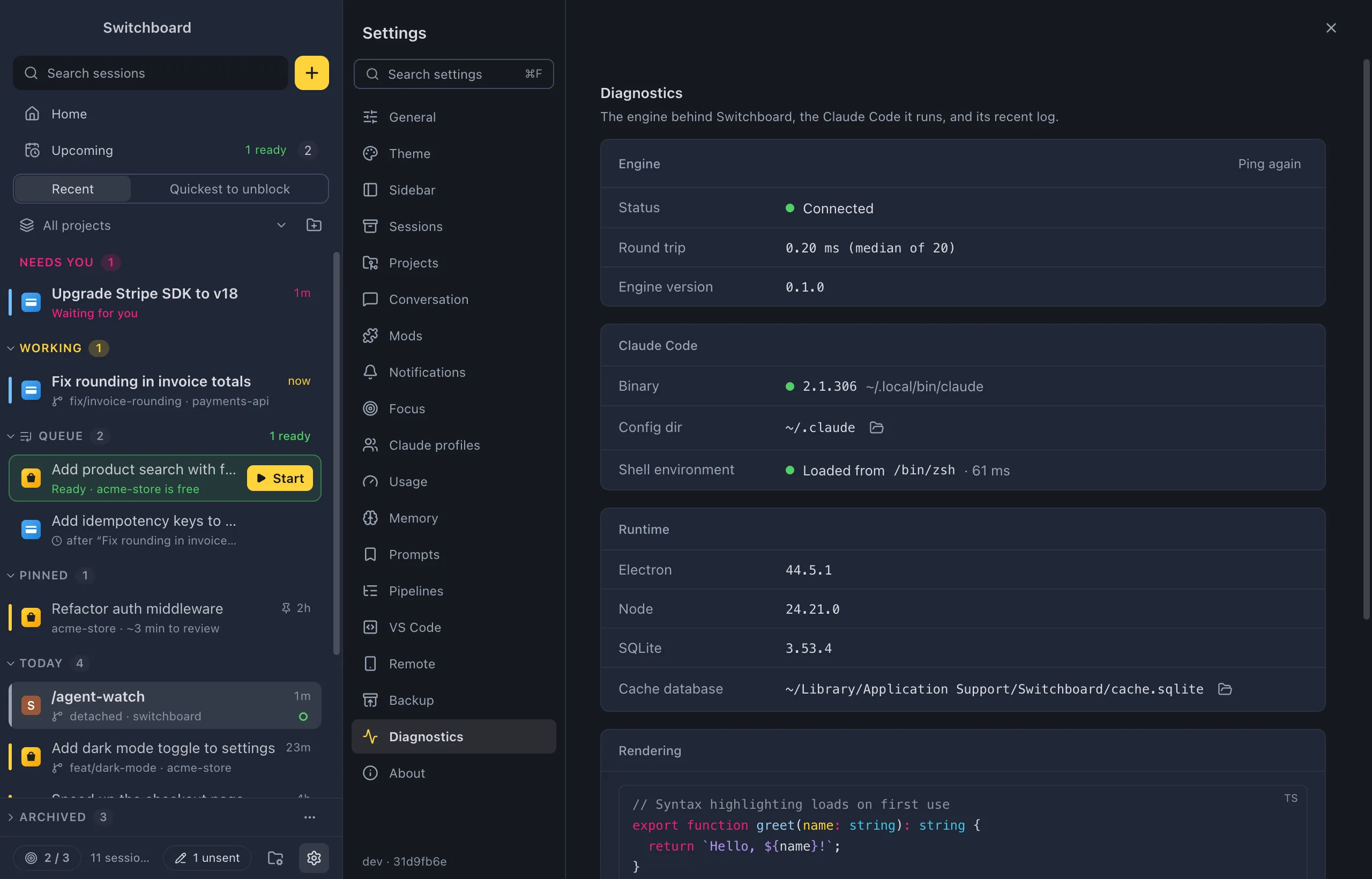 Settings on Diagnostics: the Engine card with its status and round trip, the Claude Code card with the binary, config folder and shell environment, the Runtime card, a Rendering sample and the Engine log