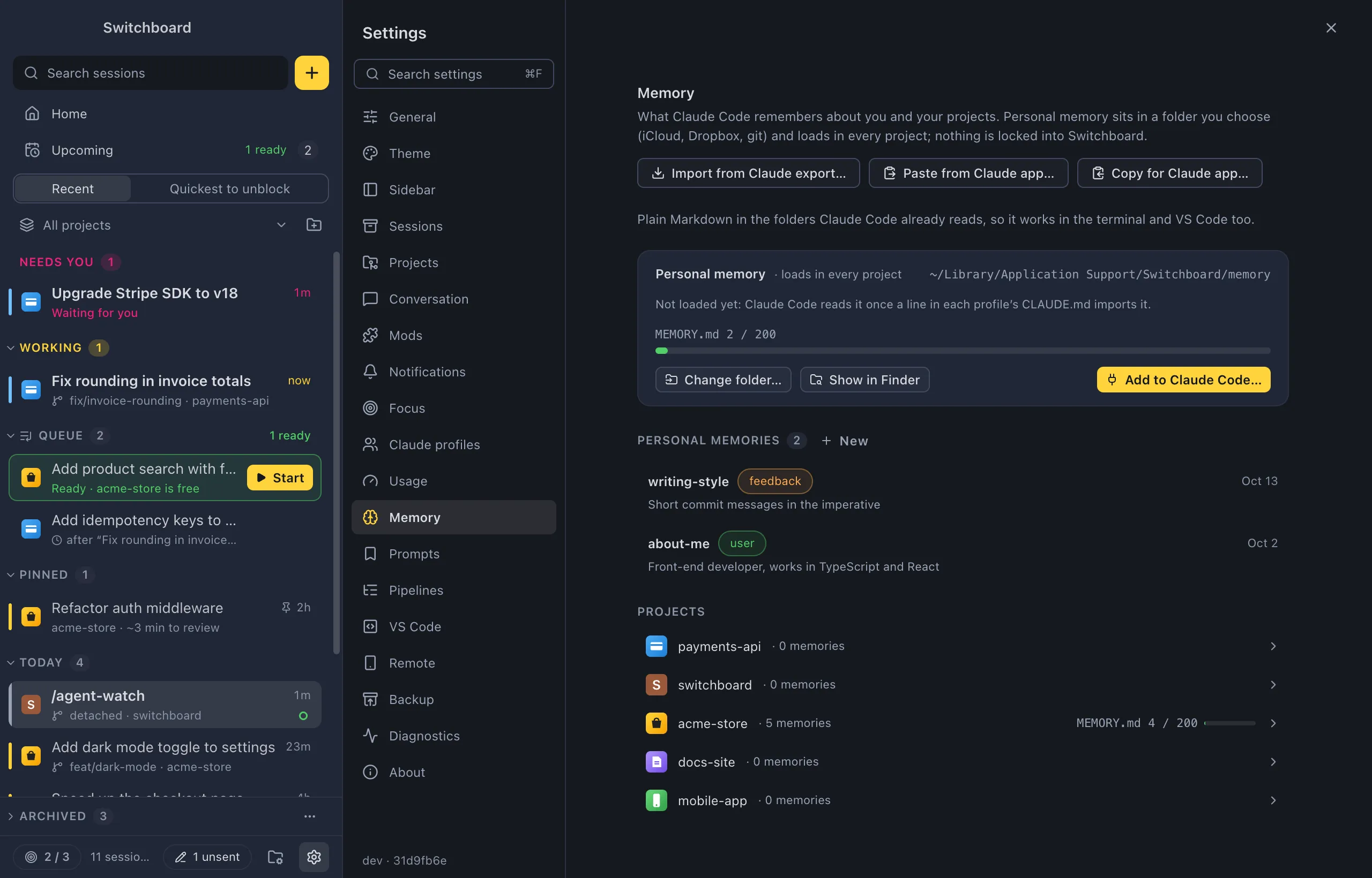 Settings on Memory: the Import from Claude export, Paste from Claude app and Copy for Claude app buttons, the Personal memory card with its folder, MEMORY.md meter and Remove from Claude Code, the Personal memories list, and every project with its memory count