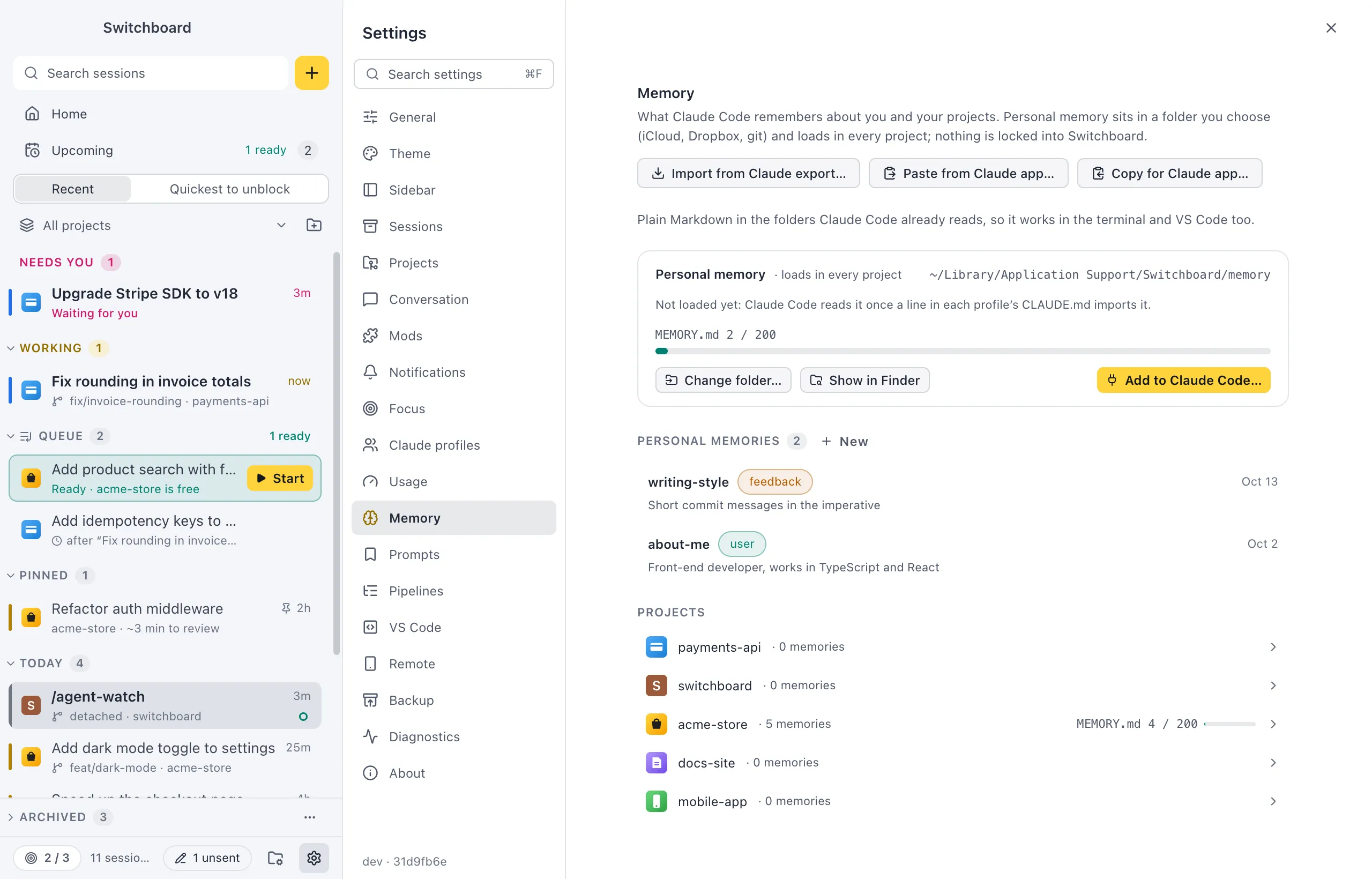 Settings on Memory: the Import from Claude export, Paste from Claude app and Copy for Claude app buttons, the Personal memory card with its folder, MEMORY.md meter and Remove from Claude Code, the Personal memories list, and every project with its memory count