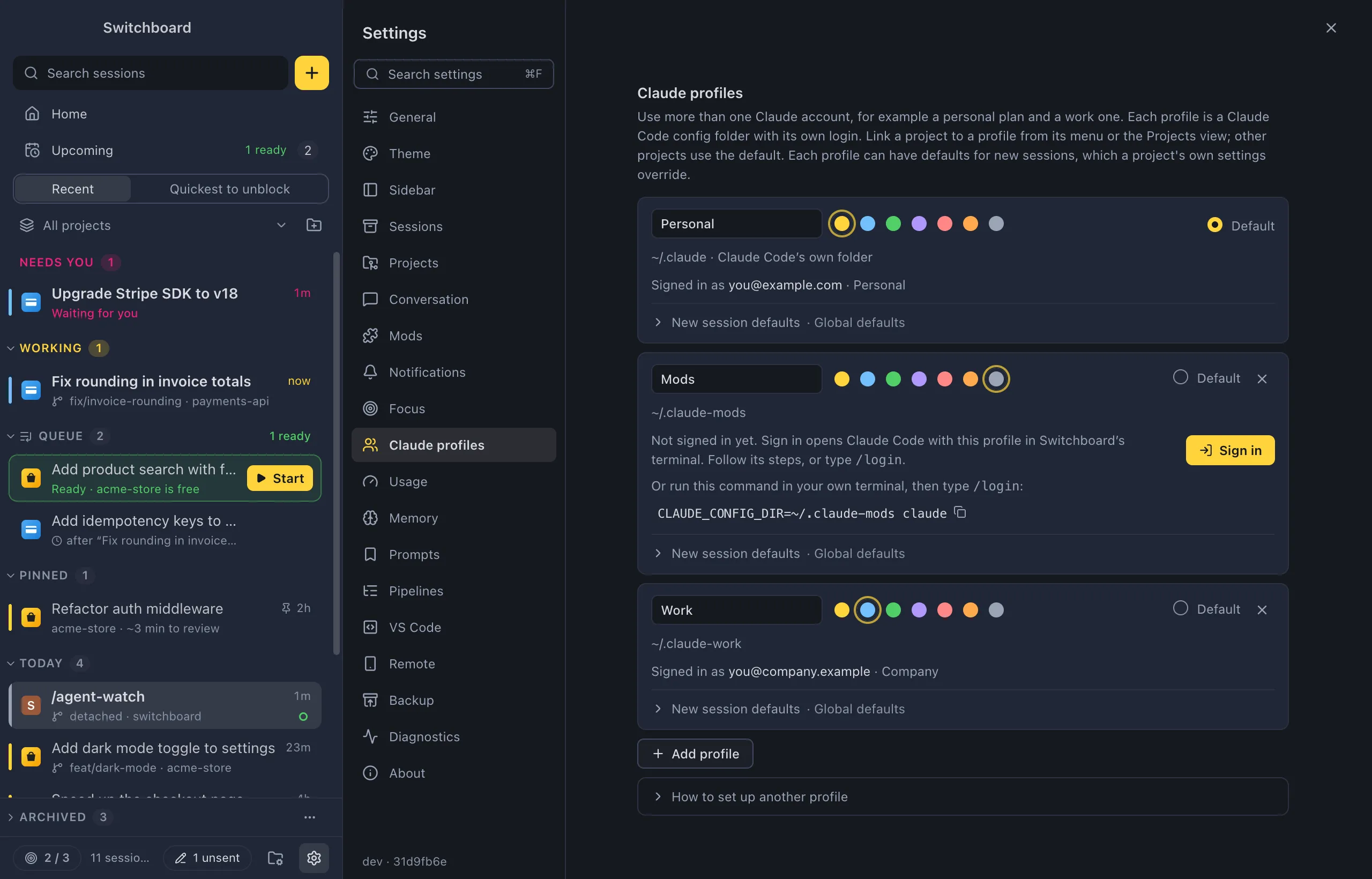 Settings on Claude profiles: two profiles, each with its name, colour, config folder and the account it is signed in with, the Default choice, Add profile, and How to set up another profile