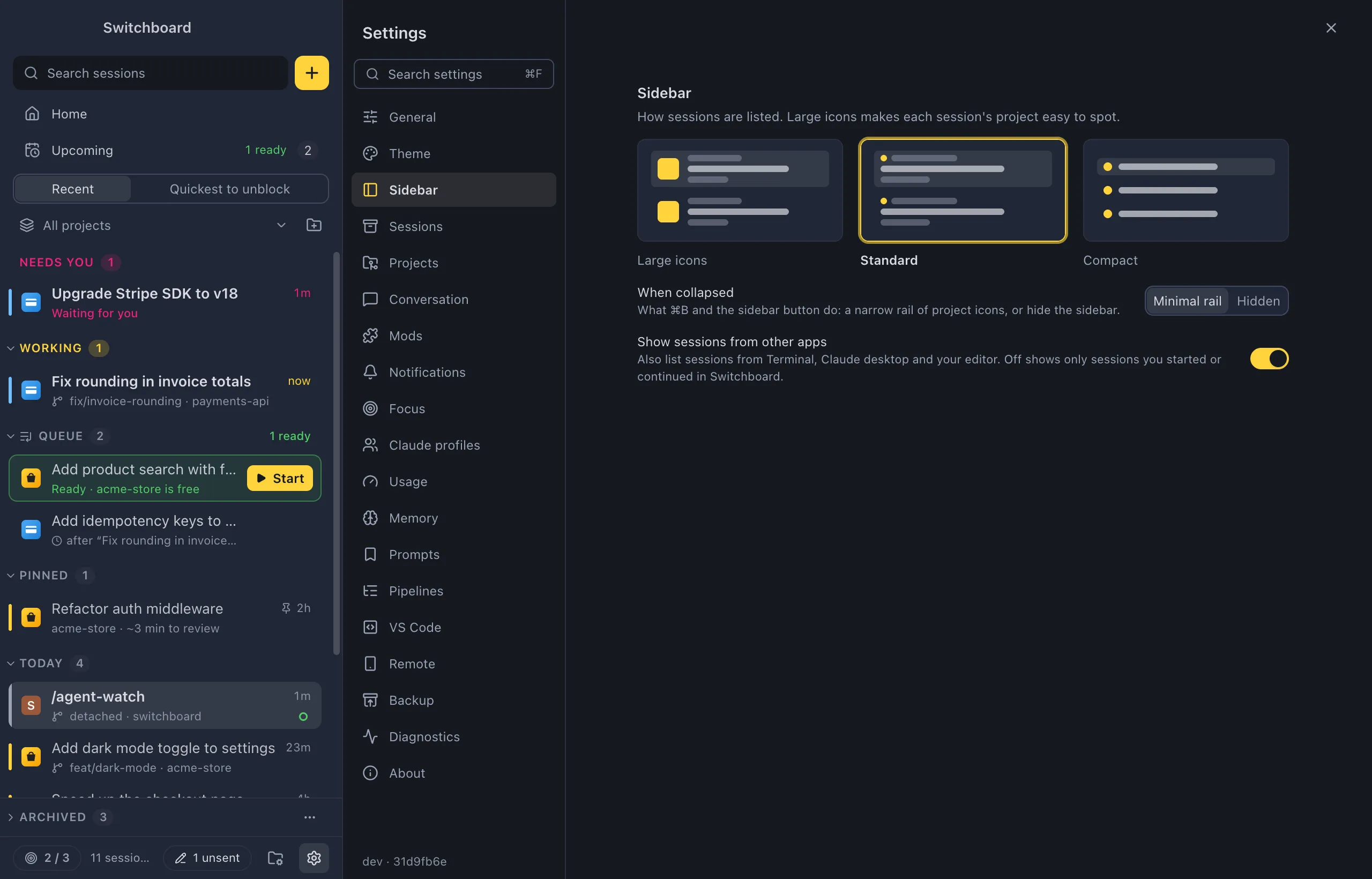 Settings open on Sidebar: the three sidebar styles, the When collapsed choice, and the Show sessions from other apps switch