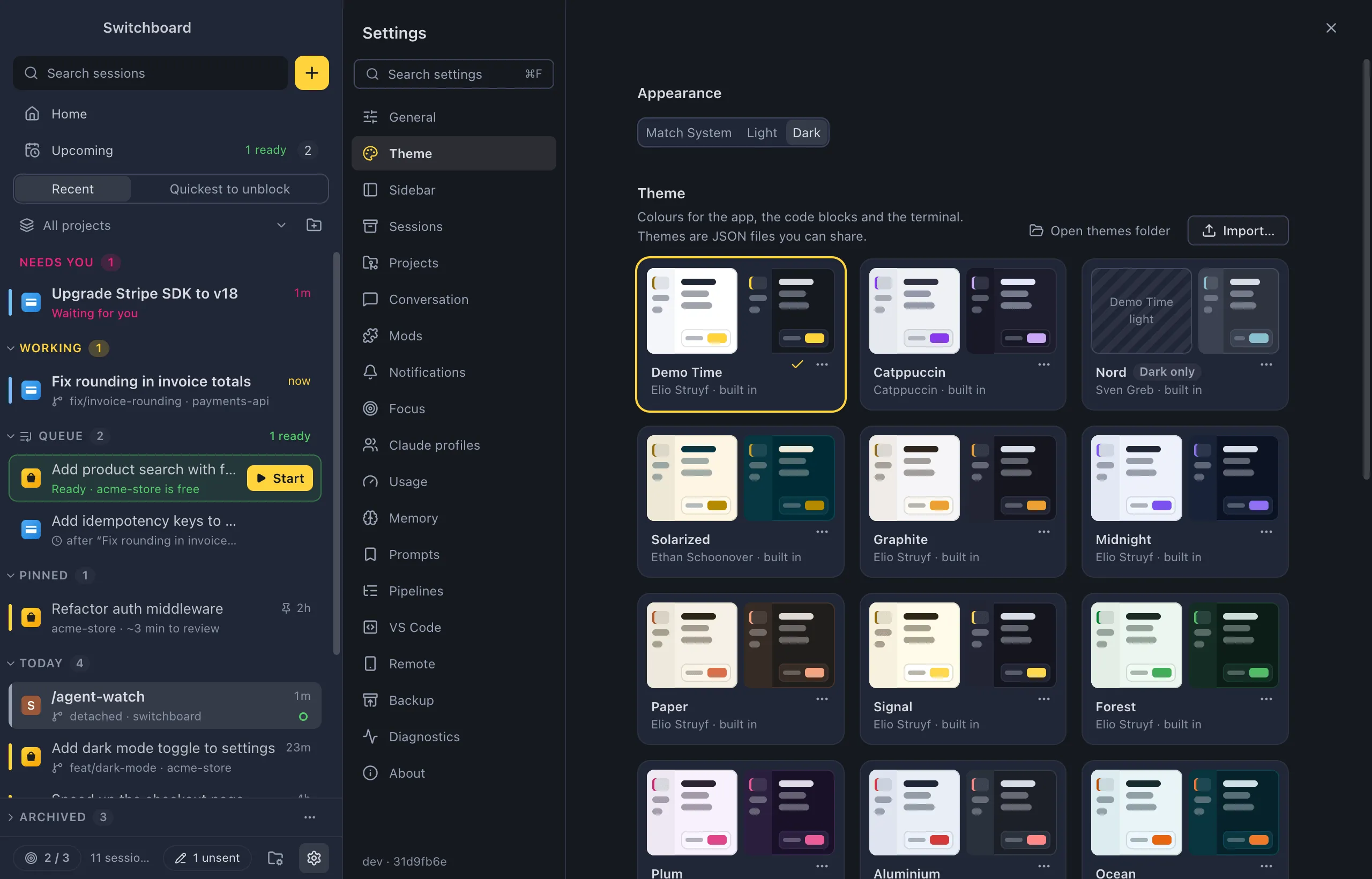 Settings on Theme, with Open themes folder and Import… above the theme cards, and a dashed card that says Drop a theme .json here