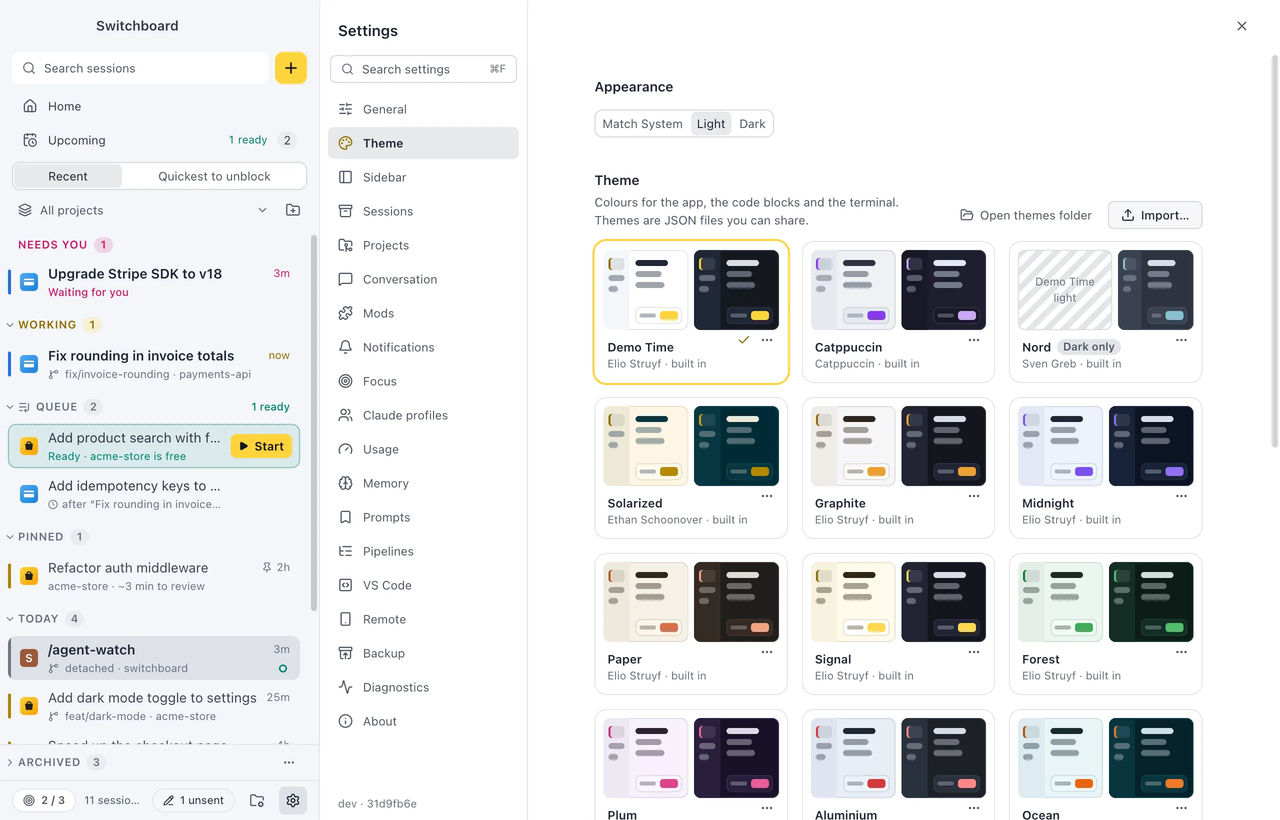Settings on Theme, with Open themes folder and Import… above the theme cards, and a dashed card that says Drop a theme .json here