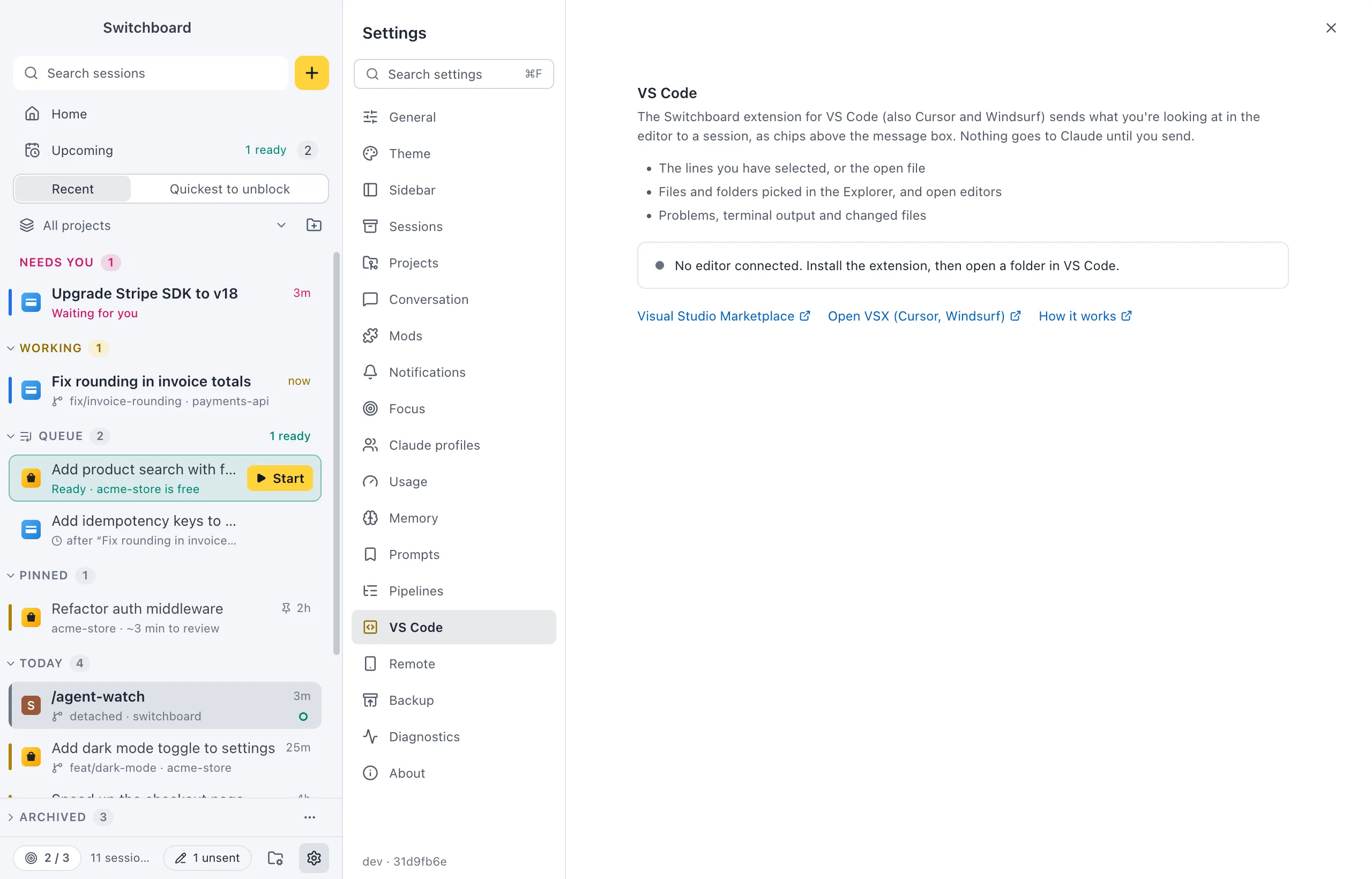 Settings on VS Code: what the extension sends, a status line saying whether an editor is connected, and links to the Visual Studio Marketplace, Open VSX and How it works