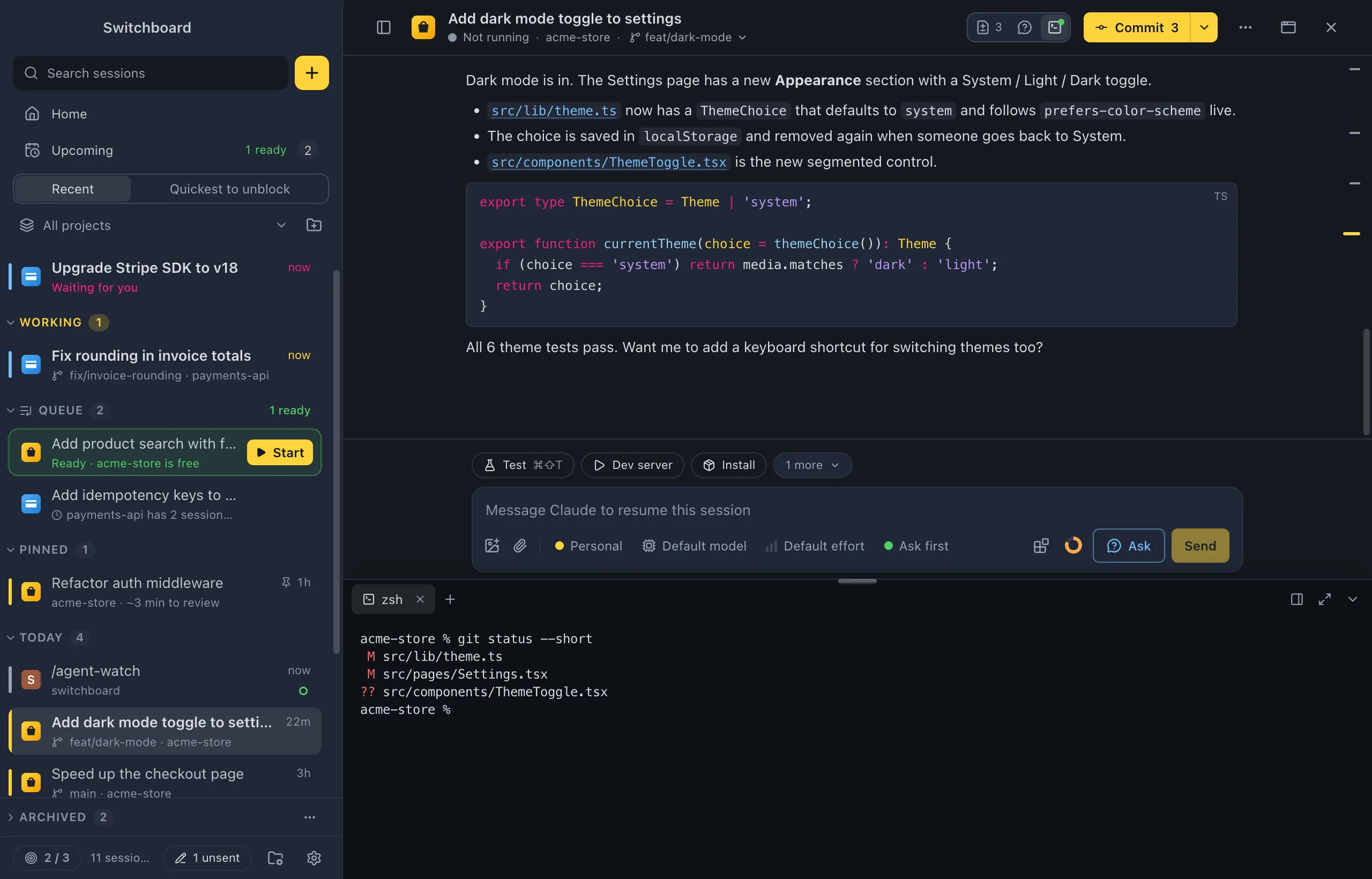 A session with the terminal panel open below the conversation, dark, with coloured shell output