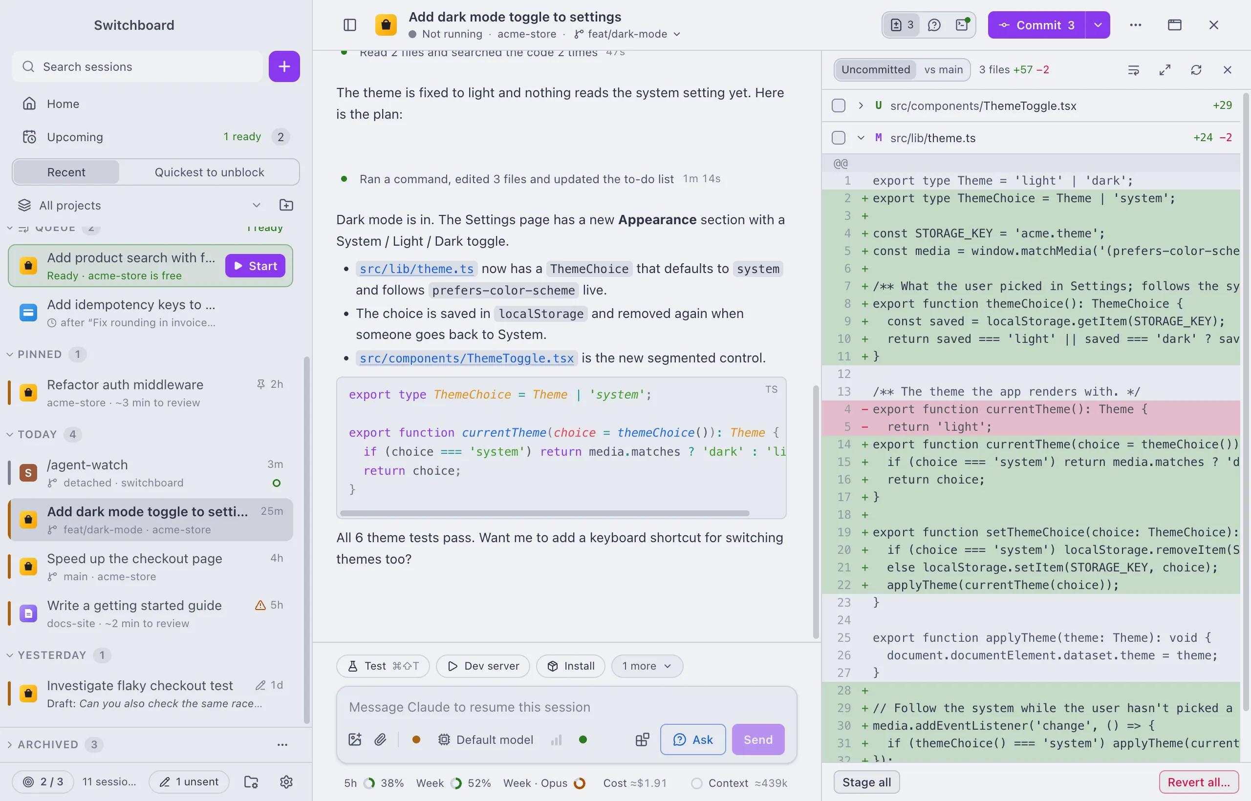 The main window in the Catppuccin theme: the sidebar, a conversation and the Changes panel in Catppuccin's colours