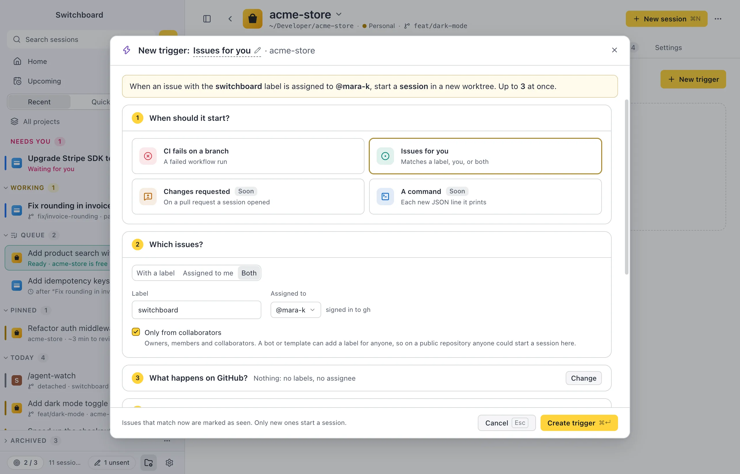 The New trigger dialog: Issues for you picked, Label and assigned to me, the seshboard label, only collaborators, state labels on, the prompt with event fields, what it runs with and how many at once